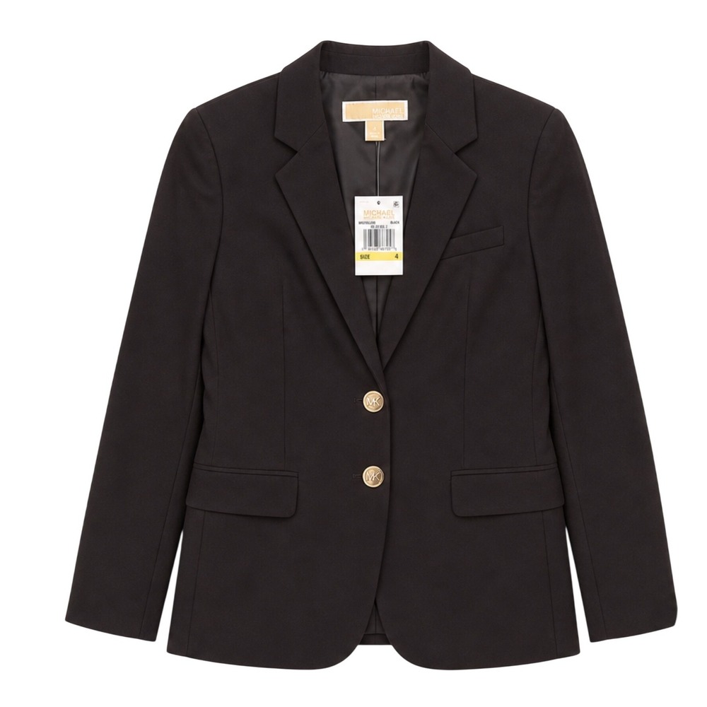 Michael Kors Black Blazer Gold MK Logo Button Jacket Size 4 office careerwear